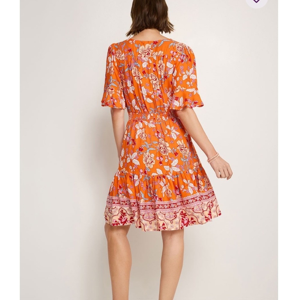 Lascana Orange Floral Boho Tiered V Neck Short Flutter Sleeve Mini Dress‎ 10 NWT - Picture 2 of 12